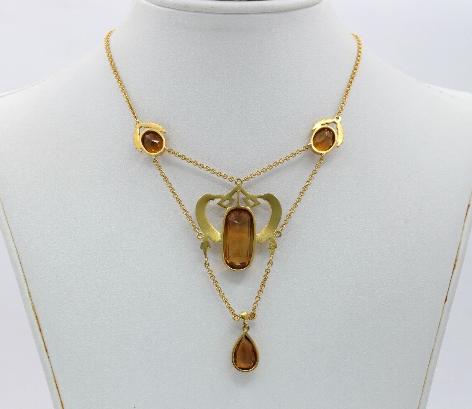 Art Nouveau 14K Yellow Gold Citrine Pearl Enamel Pendant Necklace