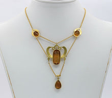 Load image into Gallery viewer, Art Nouveau 14K Yellow Gold Citrine Pearl Enamel Pendant Necklace
