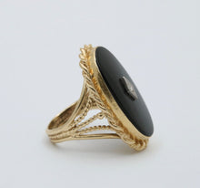 Load image into Gallery viewer, Art Deco Diammond Onyx 14K Yellow White Gold Filagree Ring
