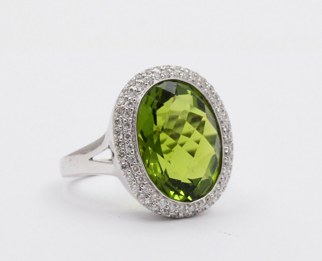 Vintage Peridot Diamonds 14K White Gold Cocktail Ring