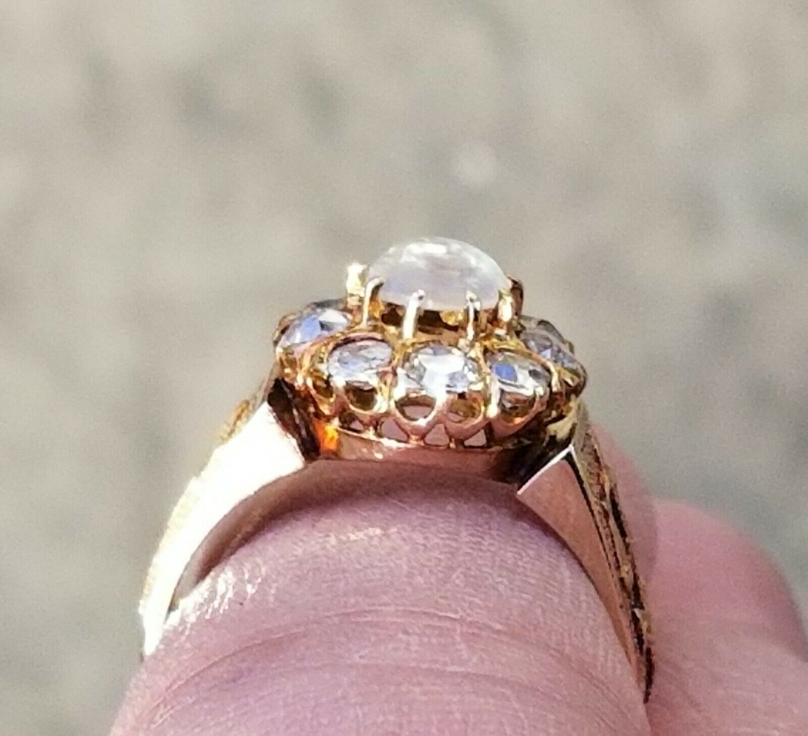 Important Historical Georgian Old Mine Diamonds Moonstone 18K Rose Gold Ring