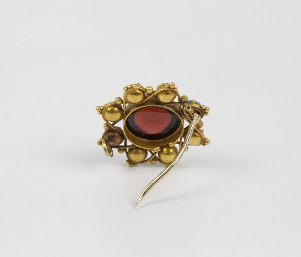 Vintage Tourmaline 14K Yellow Gold Seed Pearls Turquoise Brooch Pin