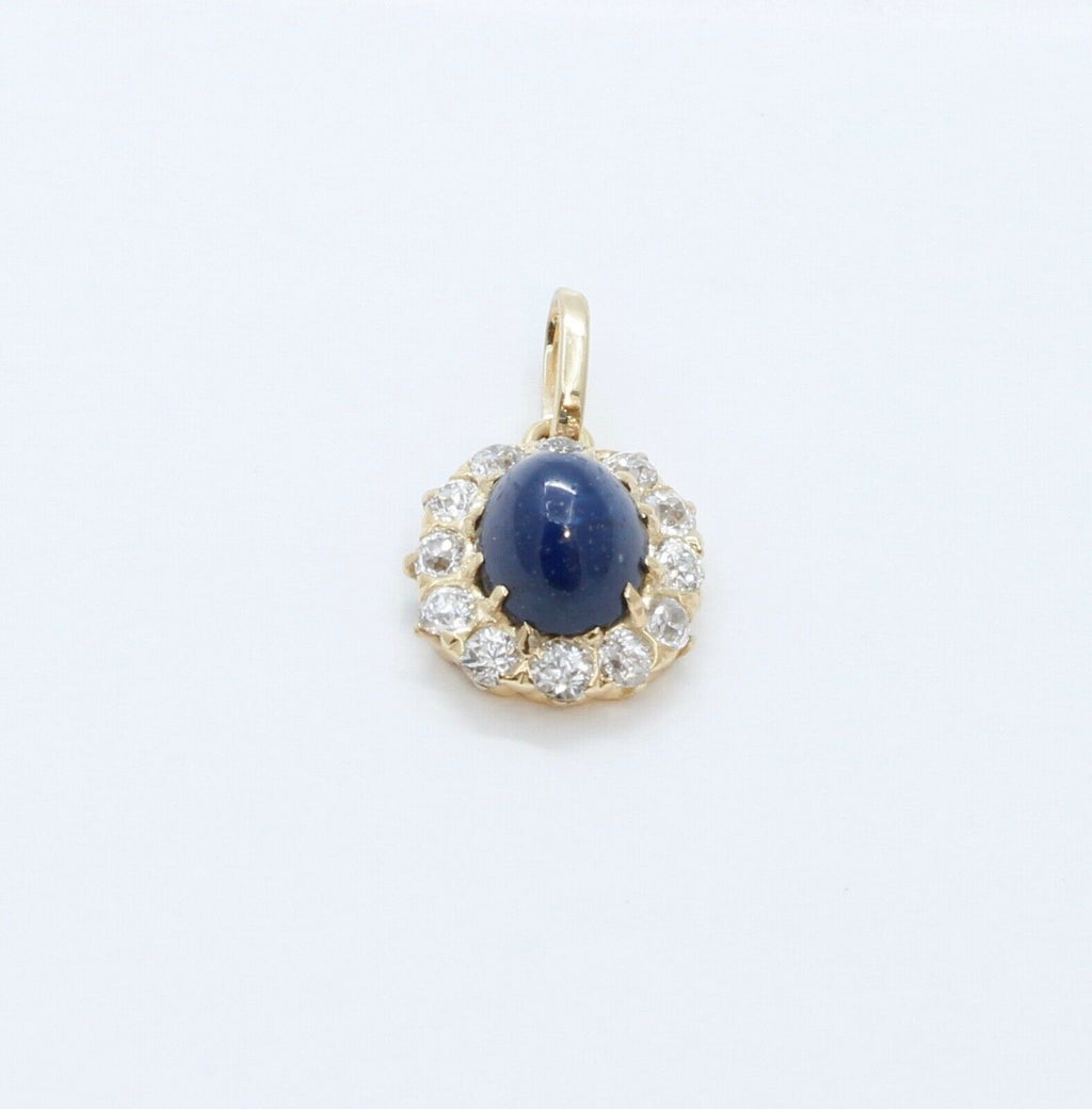 Victorian Cabochon Sapphire Old European Cut Diamonds 14K Yellow Gold Pendant