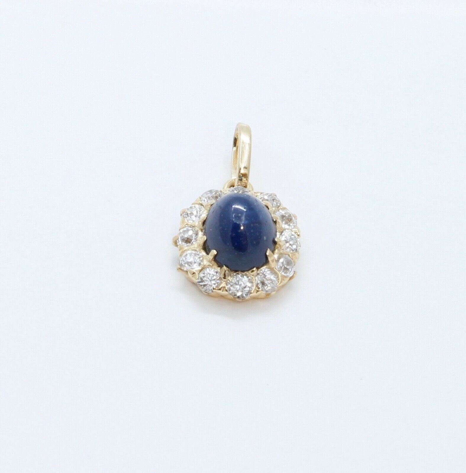 Victorian Cabochon Sapphire Old European Cut Diamonds 14K Yellow Gold Pendant