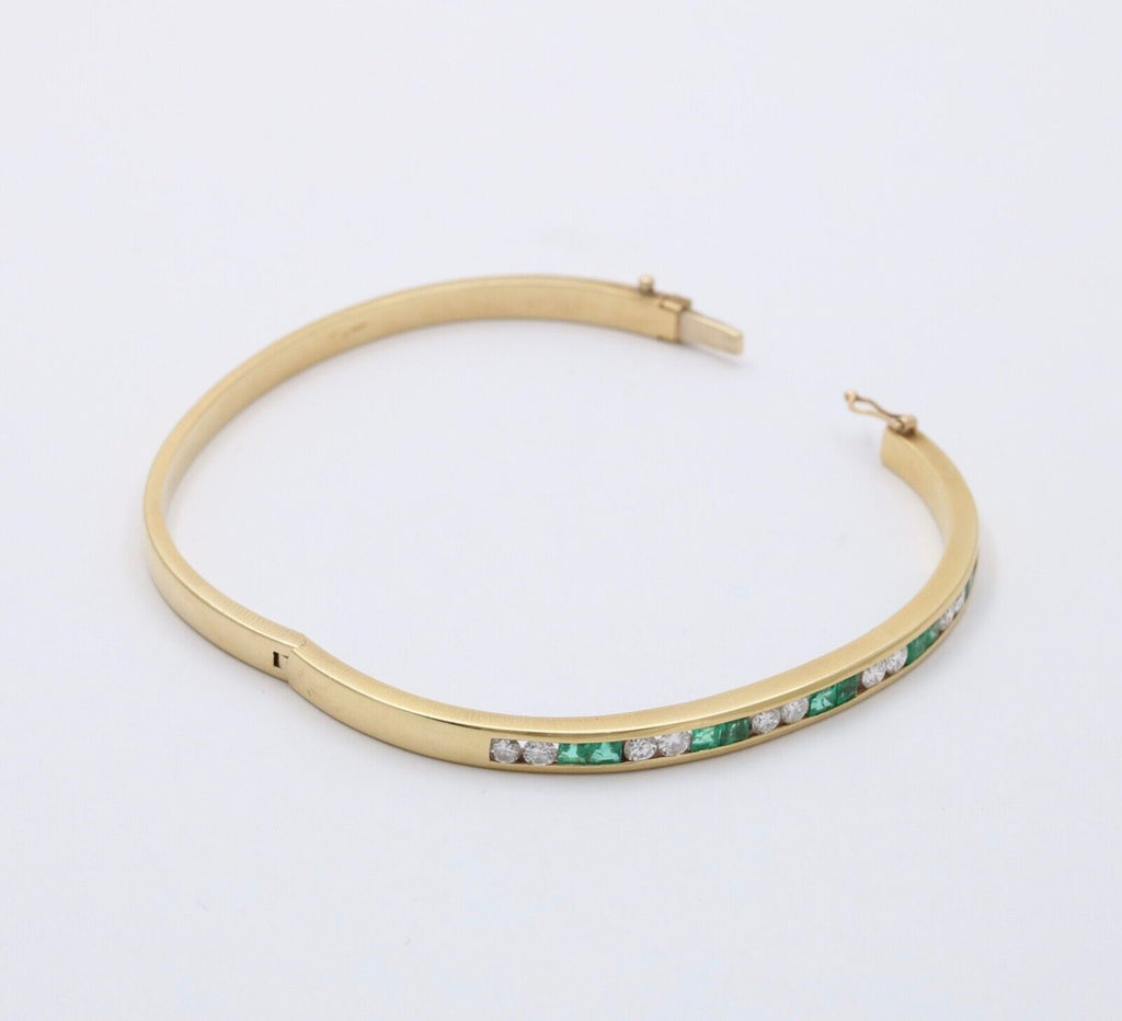 Vintage Emerald Diamond 18K Yellow Gold Bangle Bracelet