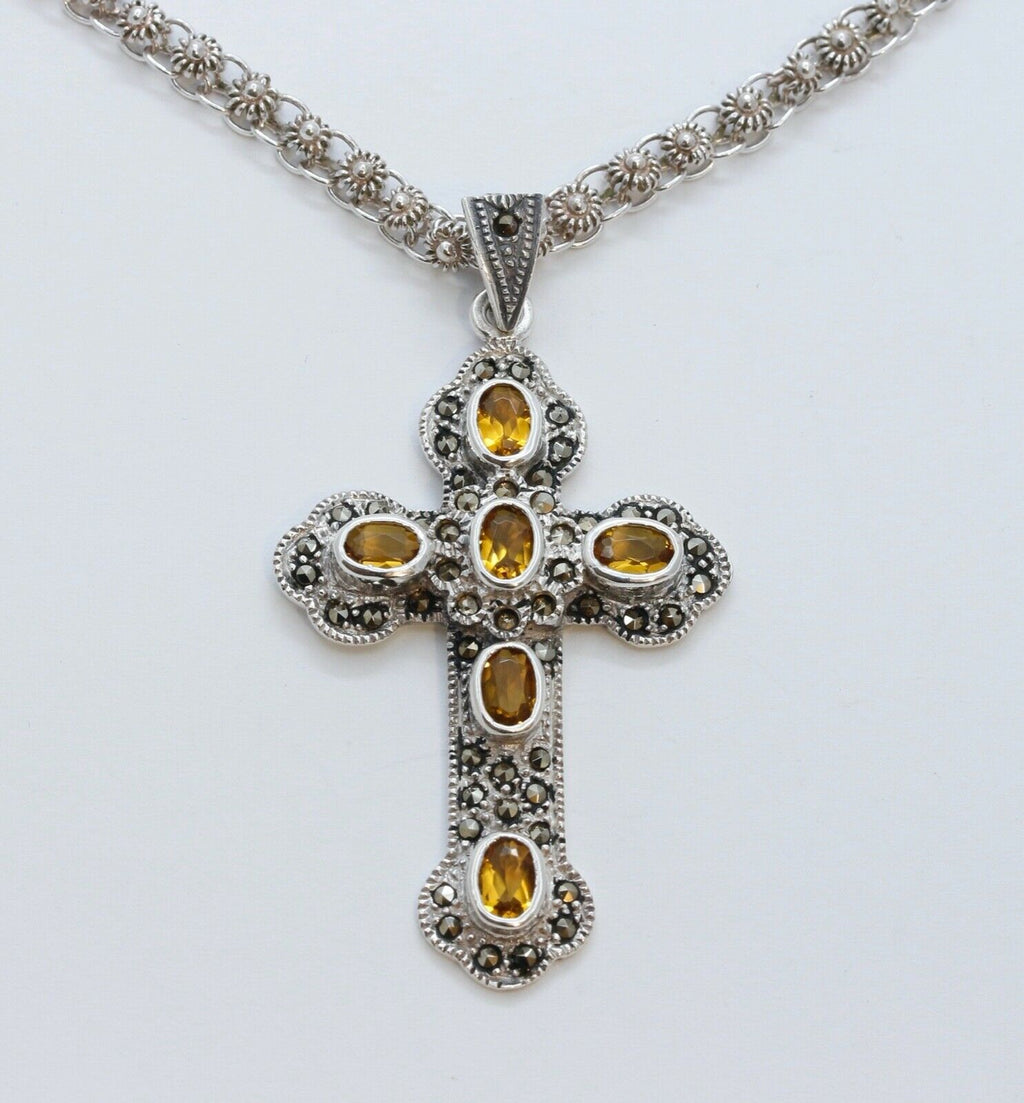 Navajo Citrine Marcasite Sterling Silver Cross Pendant