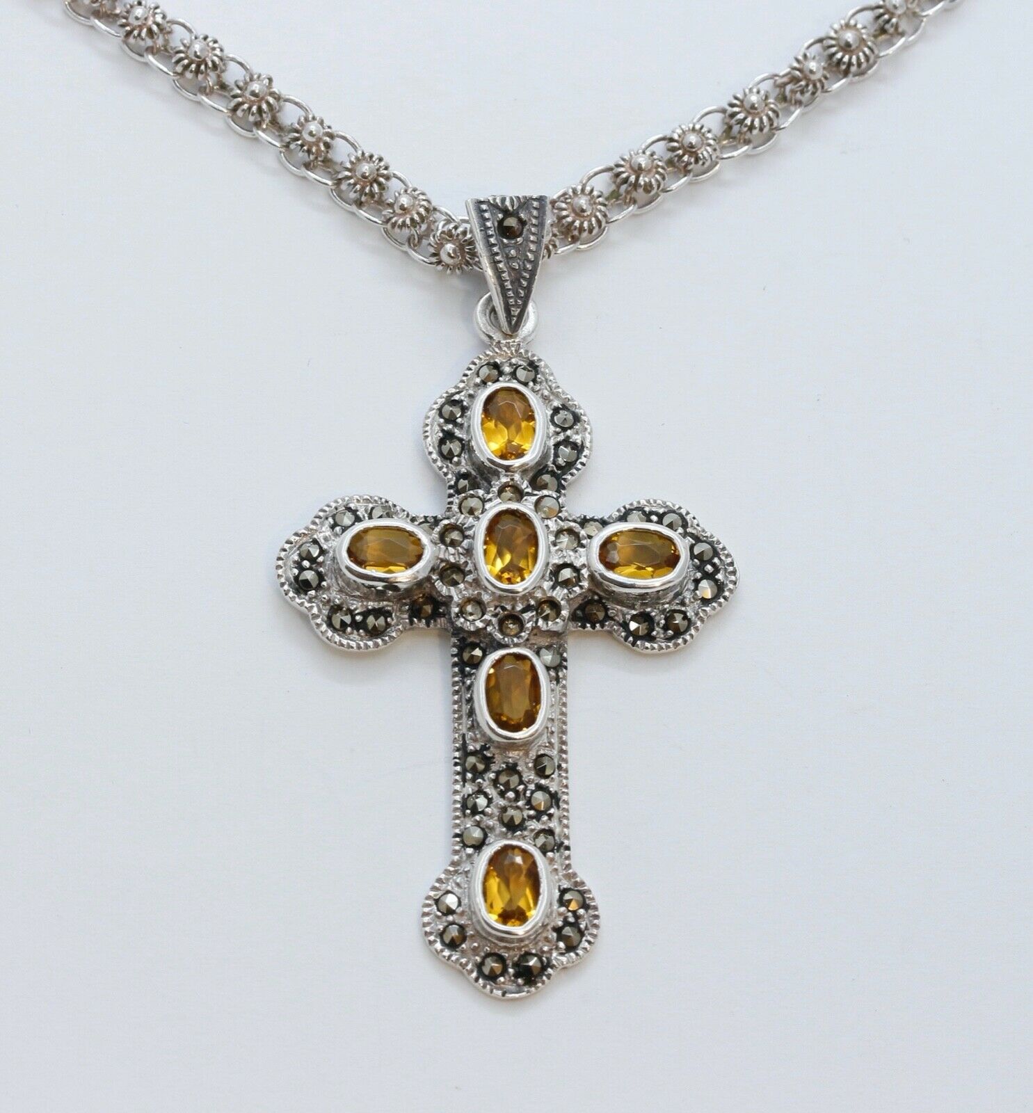 Navajo Citrine Marcasite Sterling Silver Cross Pendant