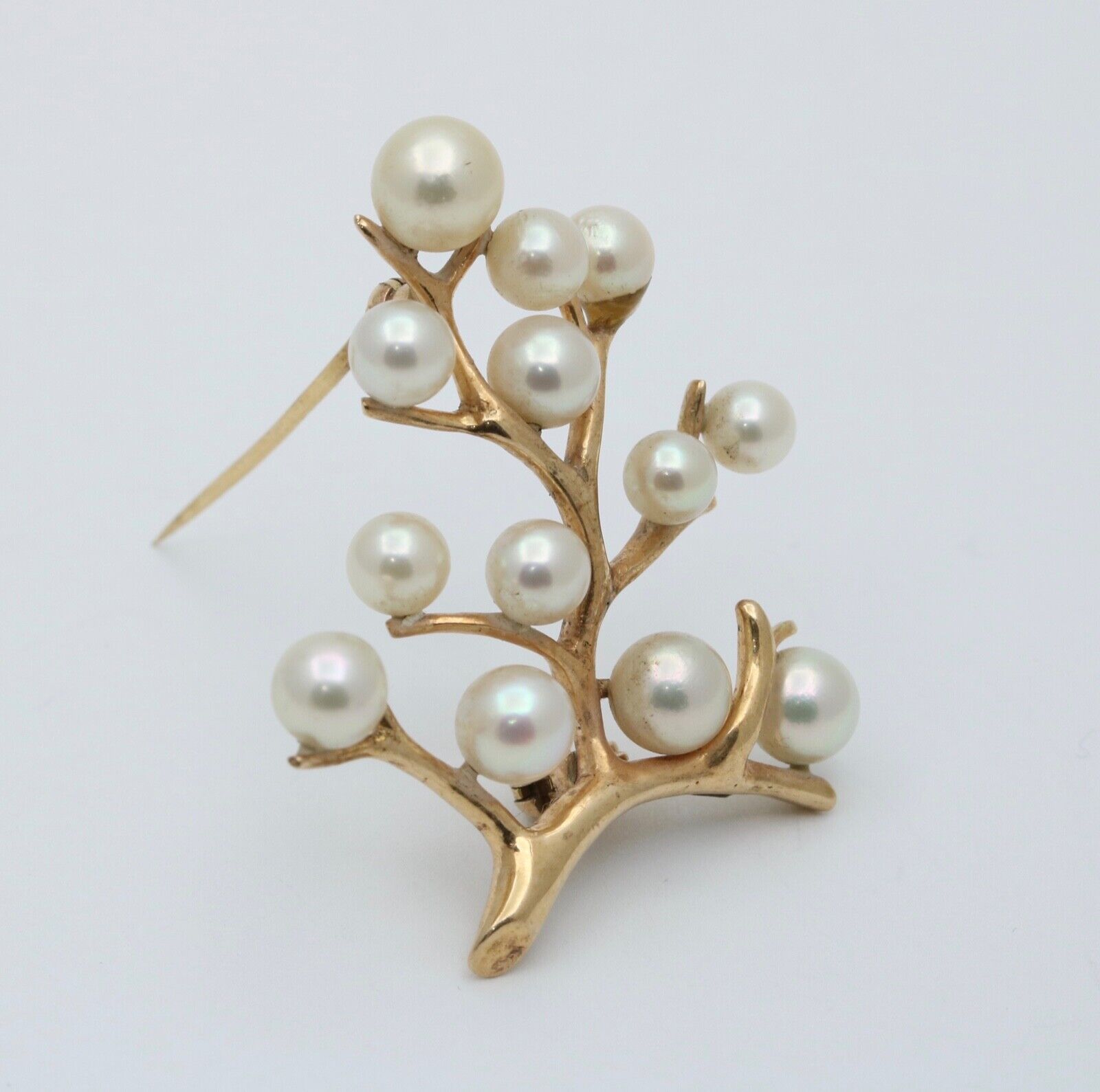 Vintage Mikimoto 14K Yellow Gold Cultured Akoya Pearl Branching Flower Brooch