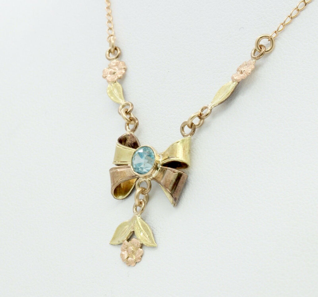Retro Blue Zircon 10K Rose Yellow Gold Flowers Pendant Chain