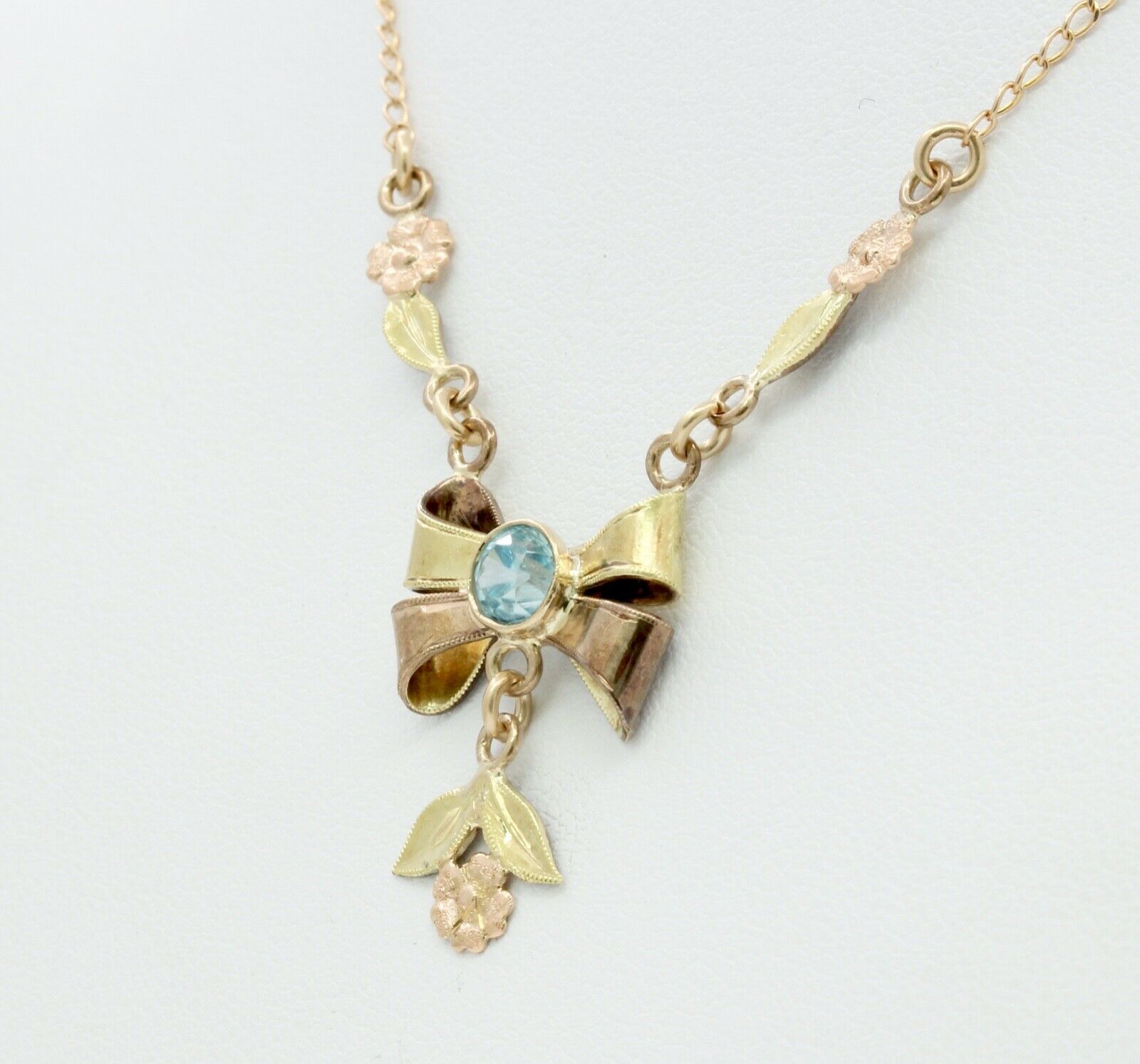 Retro Blue Zircon 10K Rose Yellow Gold Flowers Pendant Chain