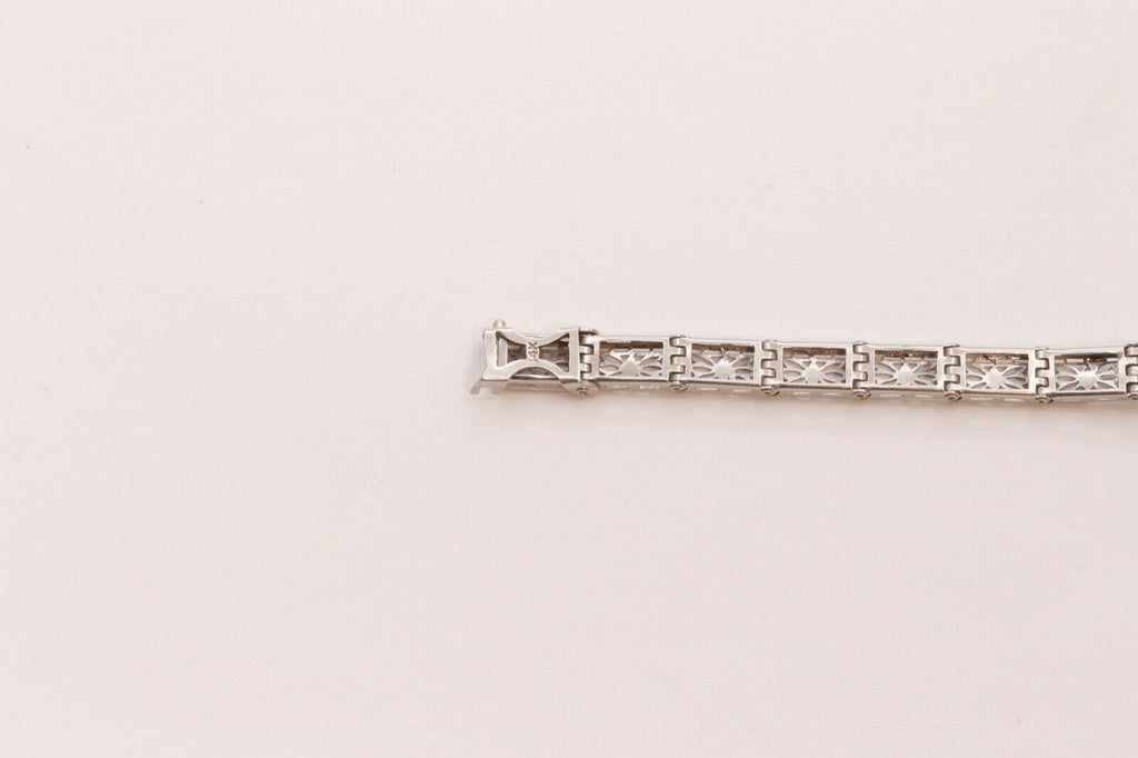 Art Deco Diamond Blue Sapphire 14K White Gold Filagree Bracelet