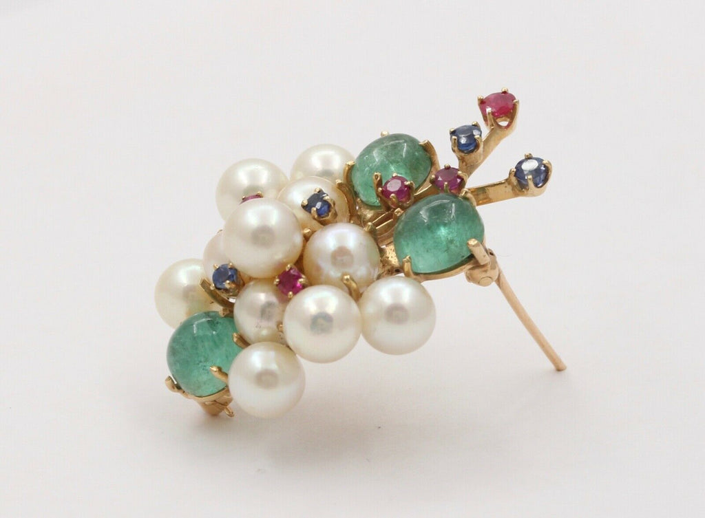 Vintage Cluster 14K YG Emeralds Sapphires Rubies Pearls Brooch Pendant