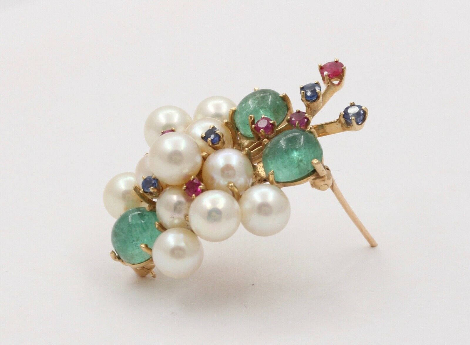 Vintage Cluster 14K YG Emeralds Sapphires Rubies Pearls Brooch Pendant