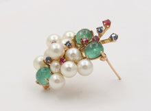 Load image into Gallery viewer, Vintage Cluster 14K YG Emeralds Sapphires Rubies Pearls Brooch Pendant
