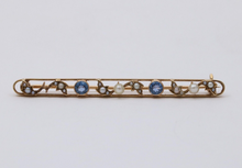 Load image into Gallery viewer, Antique Art Deco 14K Yellow Gold Sapphire &amp; Pearl Bar Pin.
