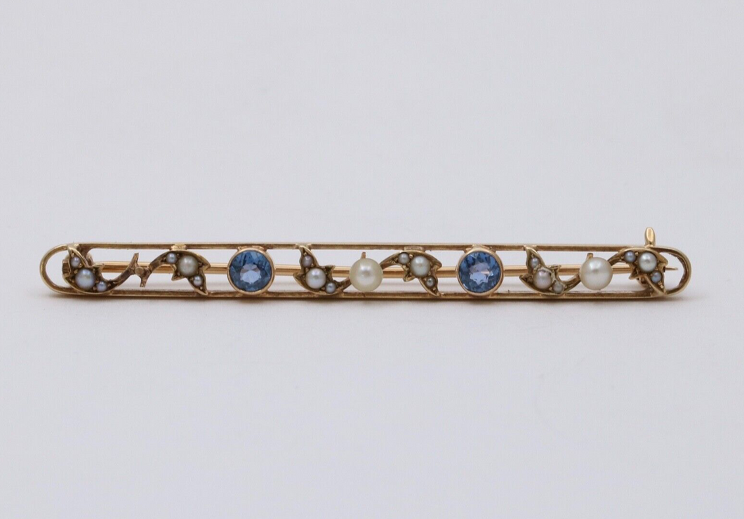 Antique Art Deco 14K Yellow Gold Sapphire & Pearl Bar Pin.