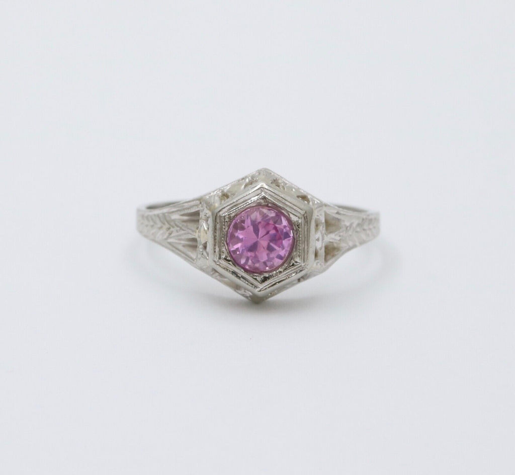 Art Deco 18K White Gold Pink Sapphire Filigree Ring Band, Engagement Ring