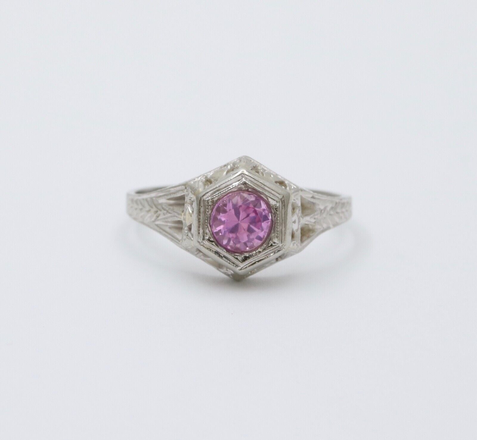 Art Deco 18K White Gold Pink Sapphire Filigree Ring Band, Engagement Ring