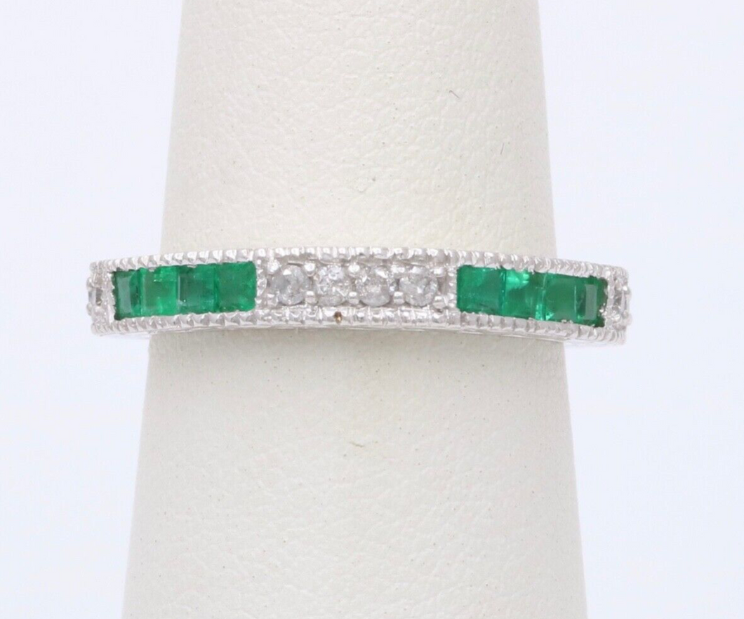 Gorgeous 14K White Gold Emerald & Diamond Half Eternity Ring Band, Wedding Band.