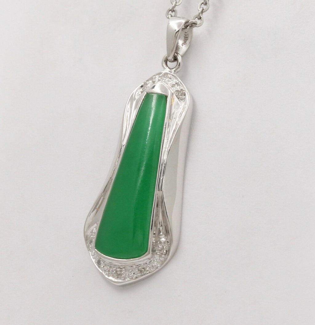 Vintage Trapezoid Jadeite Jade 14K White Gold Diamond Pendant, Necklace.