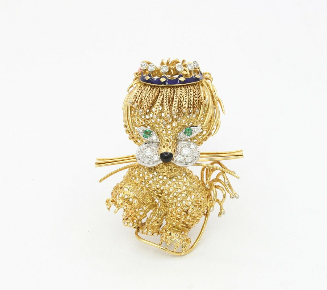 Elegant and Fun Vintage Lion Brooch 18K Diamonds Emeralds Enamel Onyx