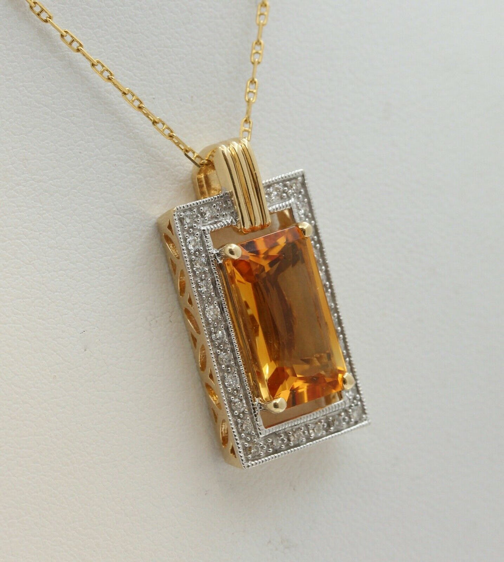 Vintage Emerald Cut Citrine Diamonds 14K Yellow Gold Pendant