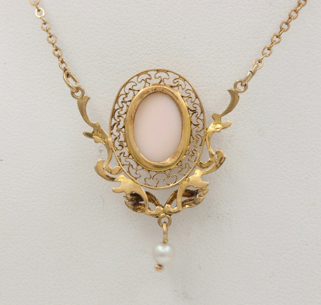 Art Nouveau Cameo Pearl 14K 10K Pendant and Chain