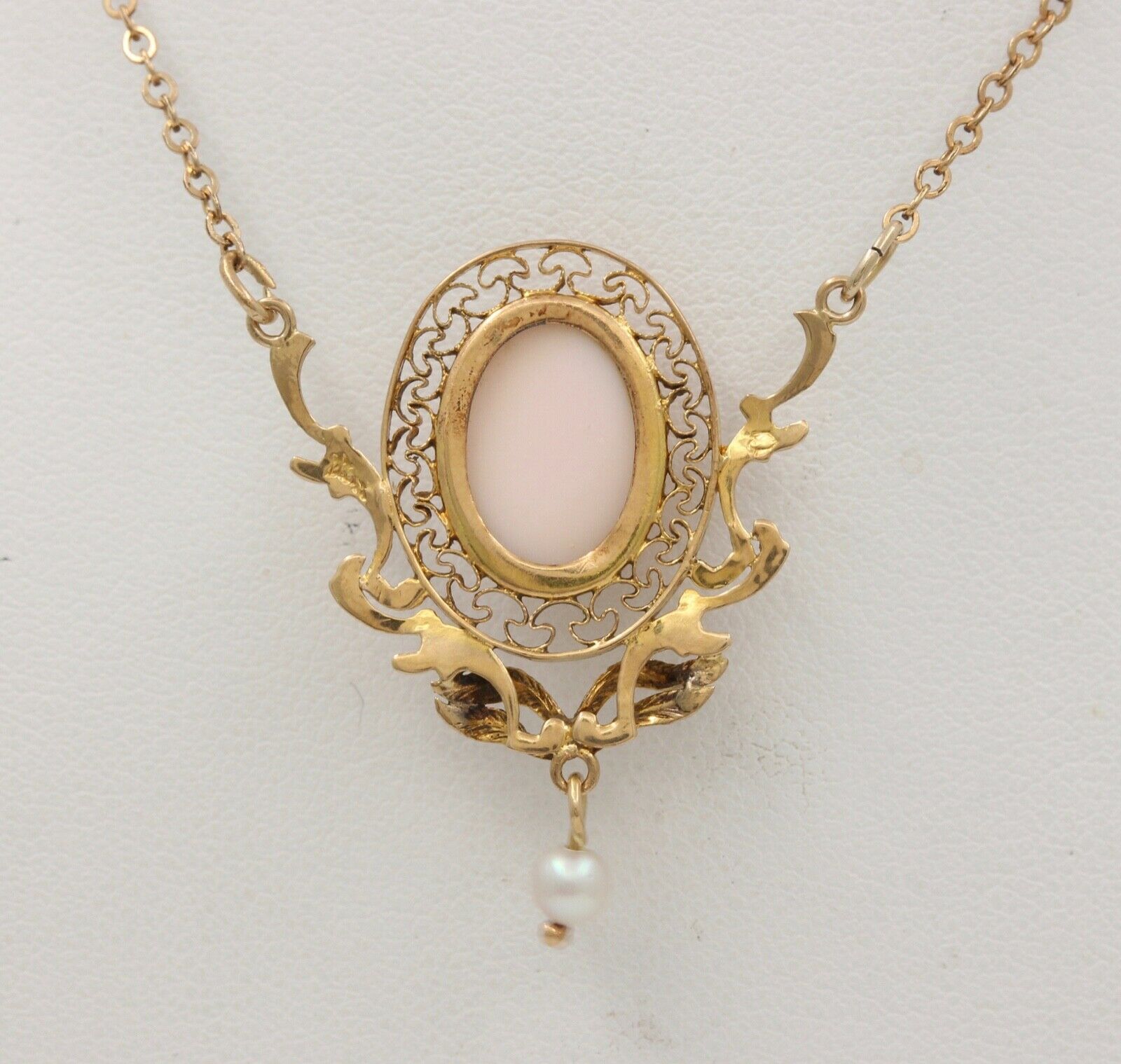 Art Nouveau Cameo Pearl 14K 10K Pendant and Chain