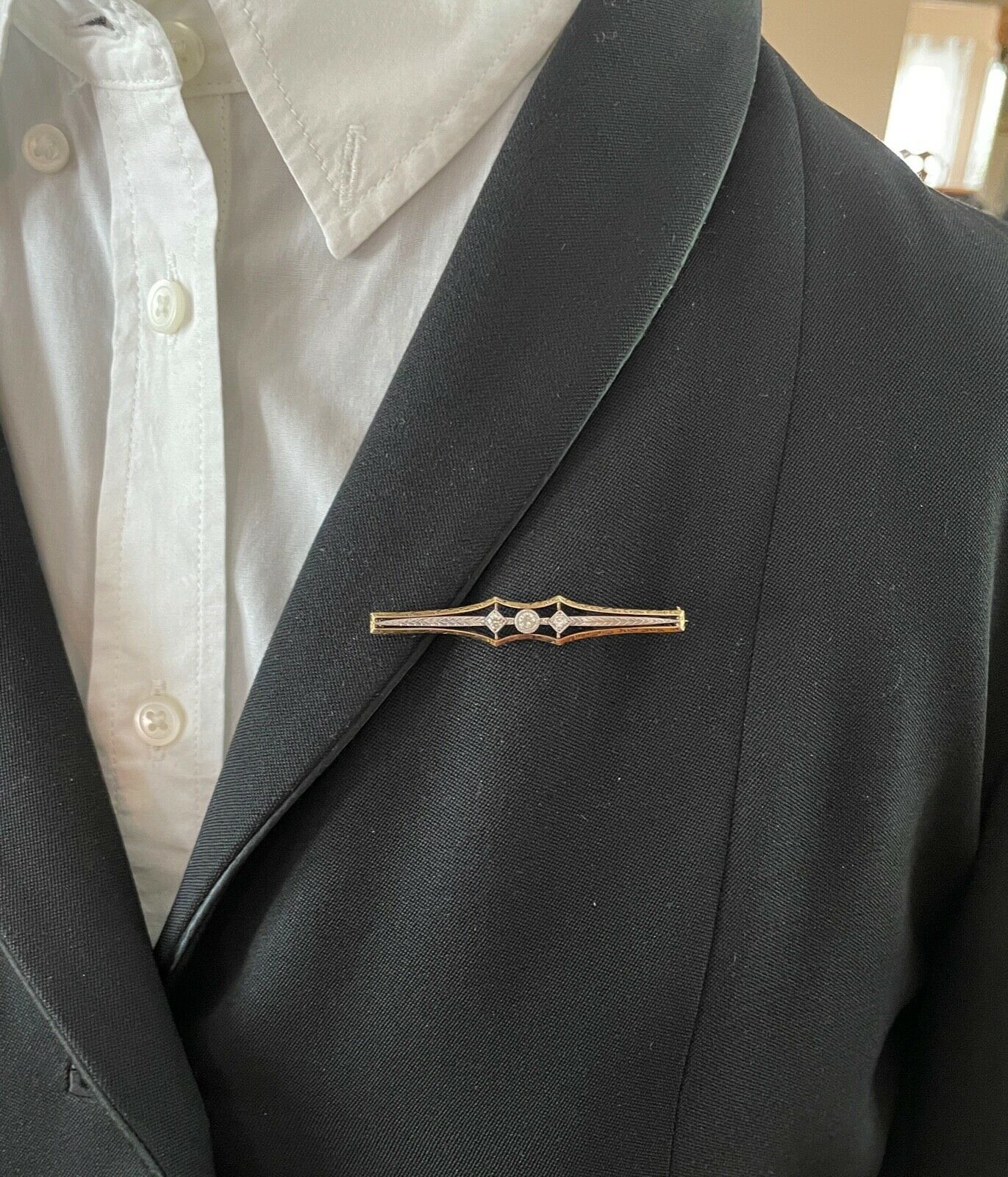 Antique Art Deco 14K Two Tone Gold Old Mine Cut Diamond Bar Pin.