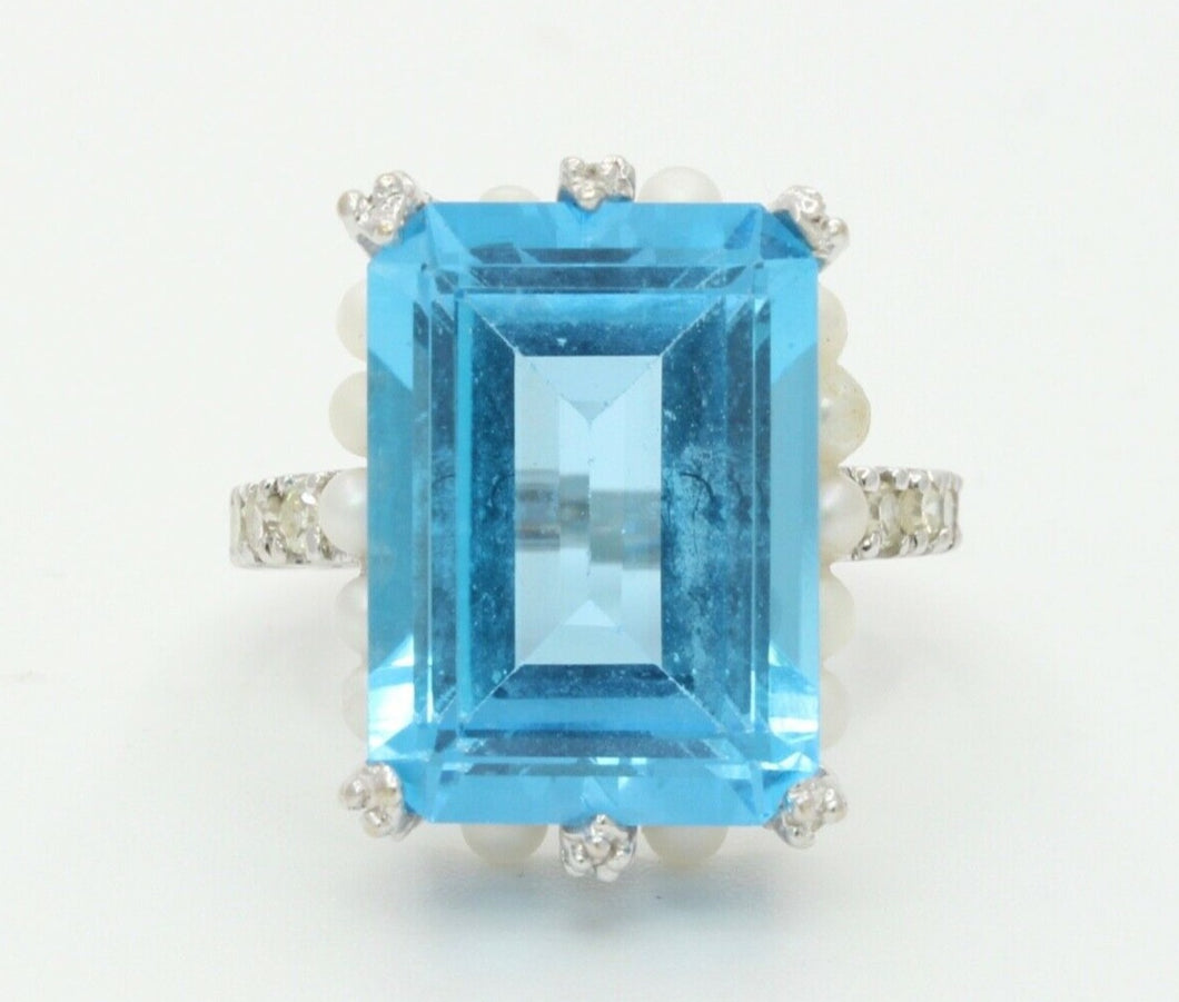 Elegant Retro Emerald Cut Blue Topaz Diamonds Pearls 18K White Gold Ring