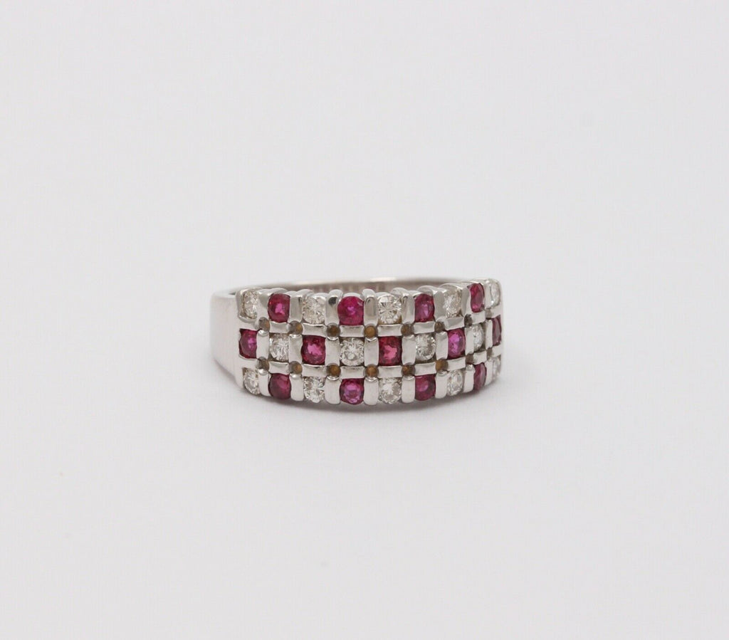 Vintage 14K White Gold Diamond & Ruby Checkerboard Ring Band