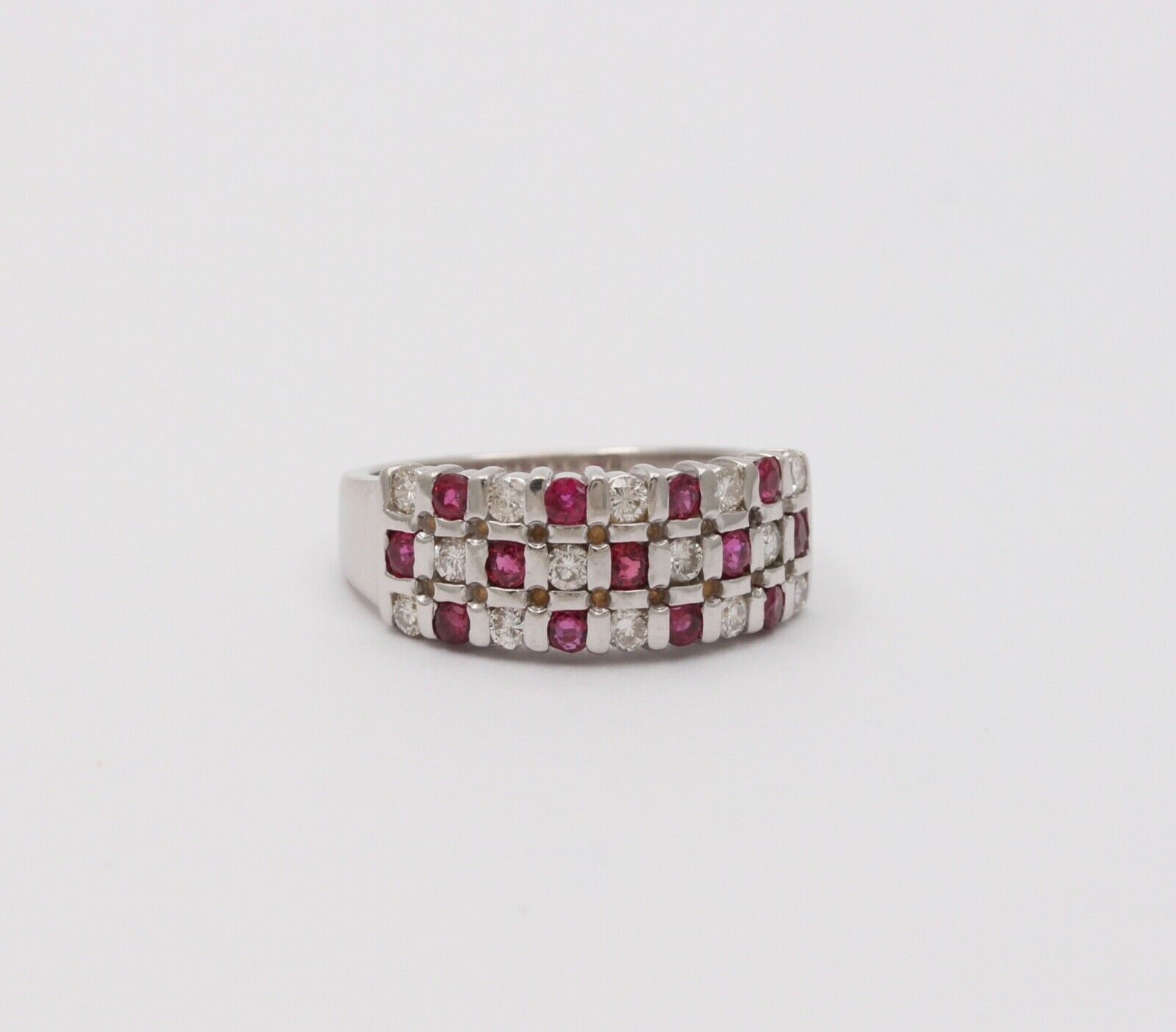 Vintage 14K White Gold Diamond & Ruby Checkerboard Ring Band