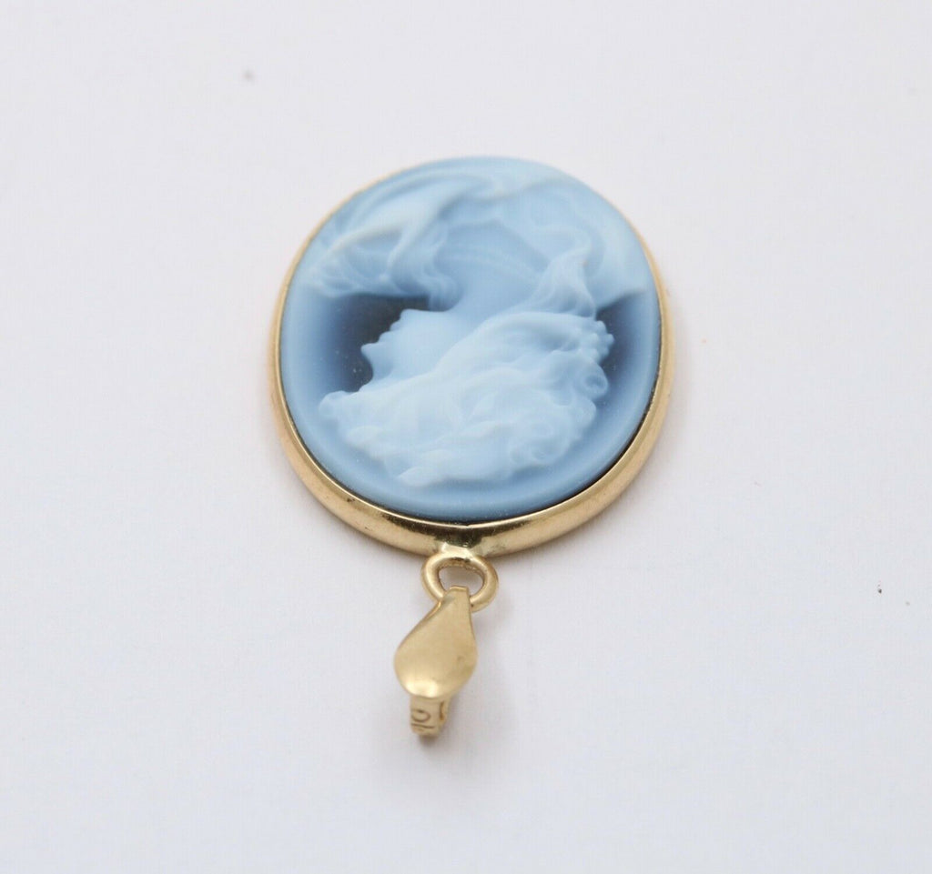 Vintage 14K Yellow Gold Blue Agate Cameo Woman’s Portrait Pendant