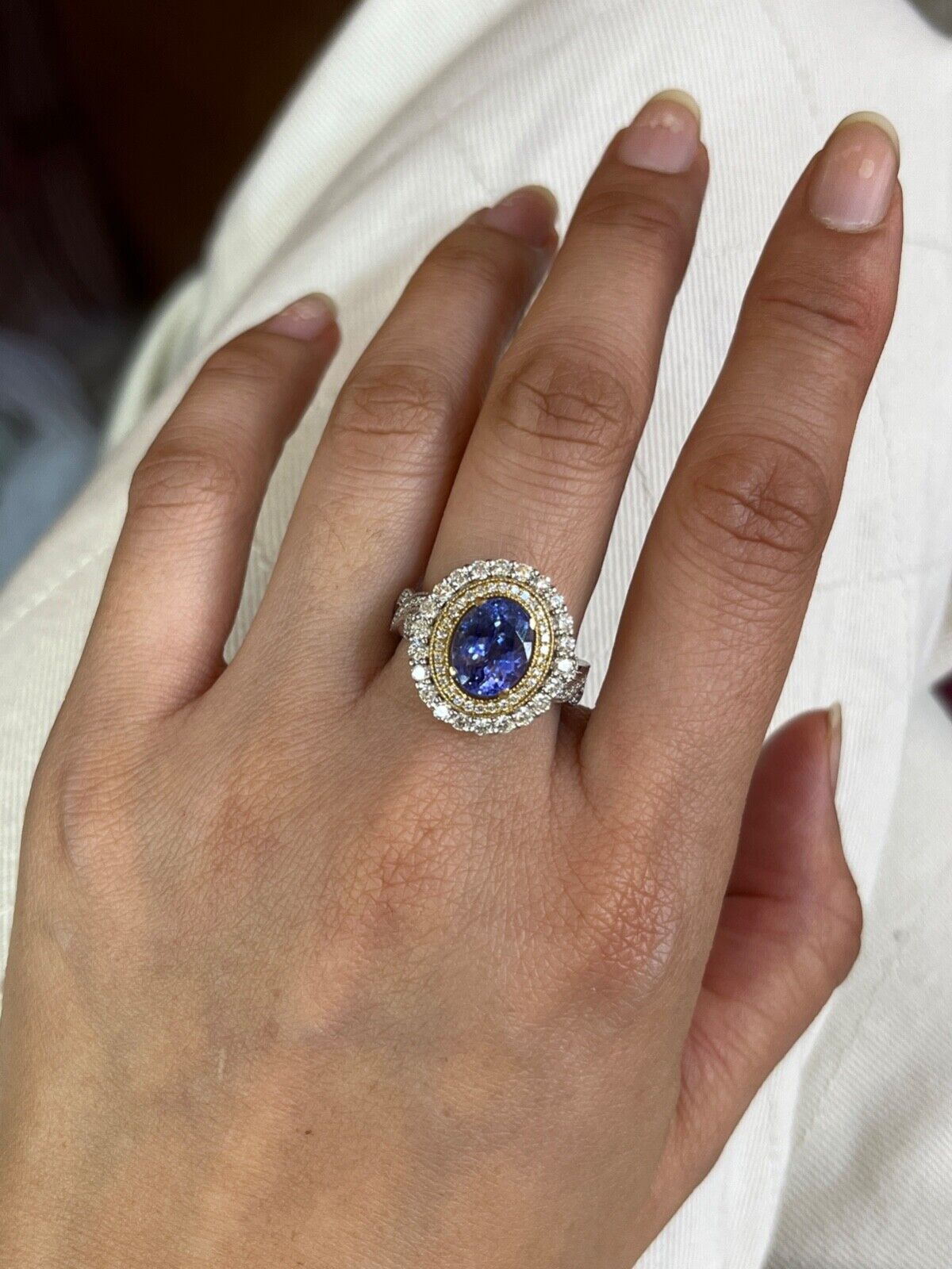 Vintage Tanzanite And Diamond Halo 14K White Gold Ring