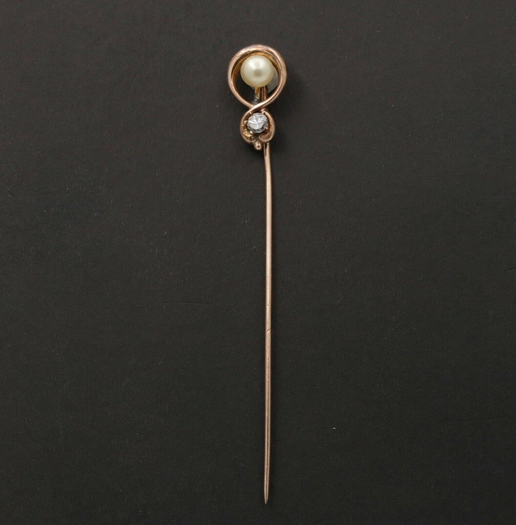 Victorian Diamond Pearl 14K Yellow Gold Stick Pin