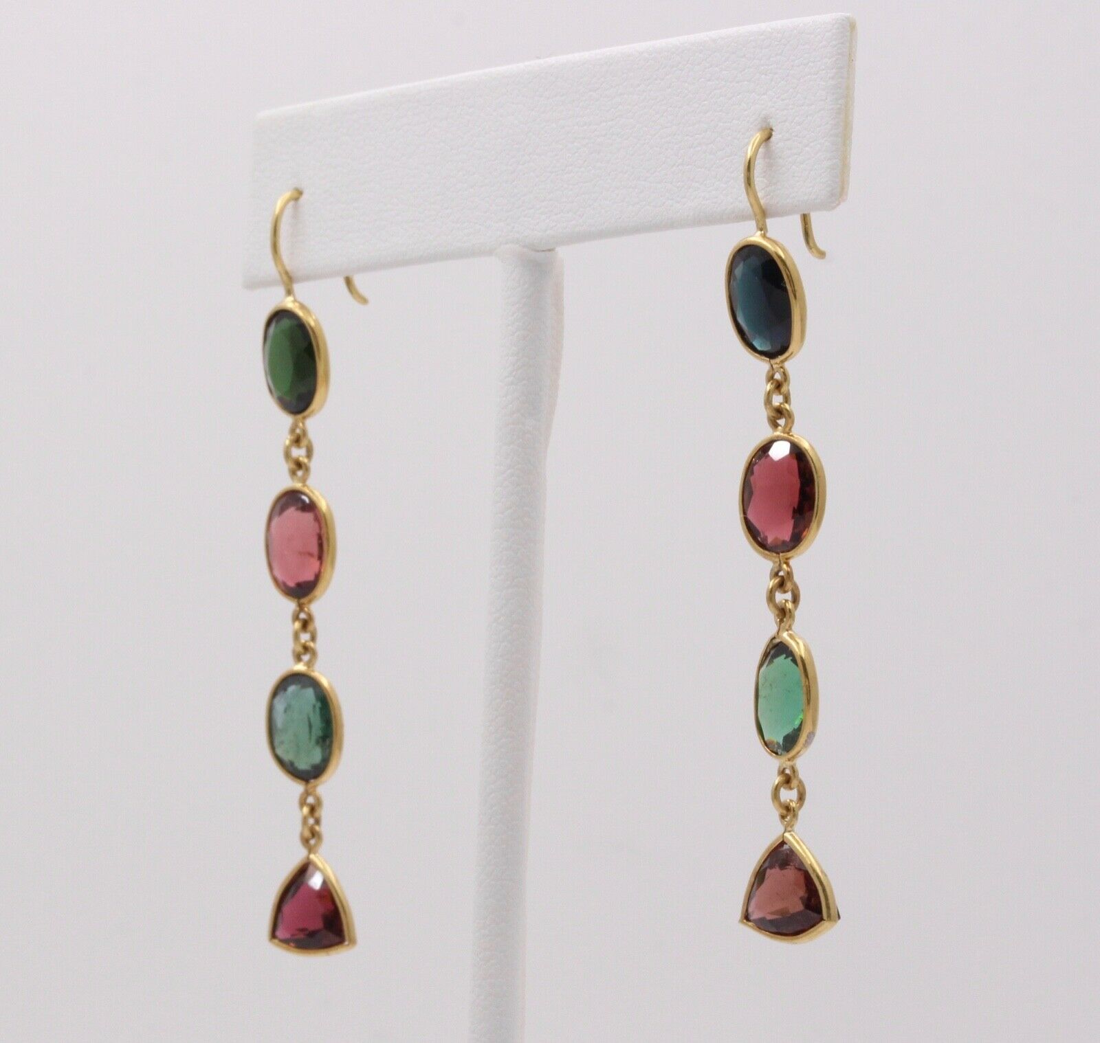 Vintage Pink Green Tourmaline 18K Yellow Gold Dangle Earrings