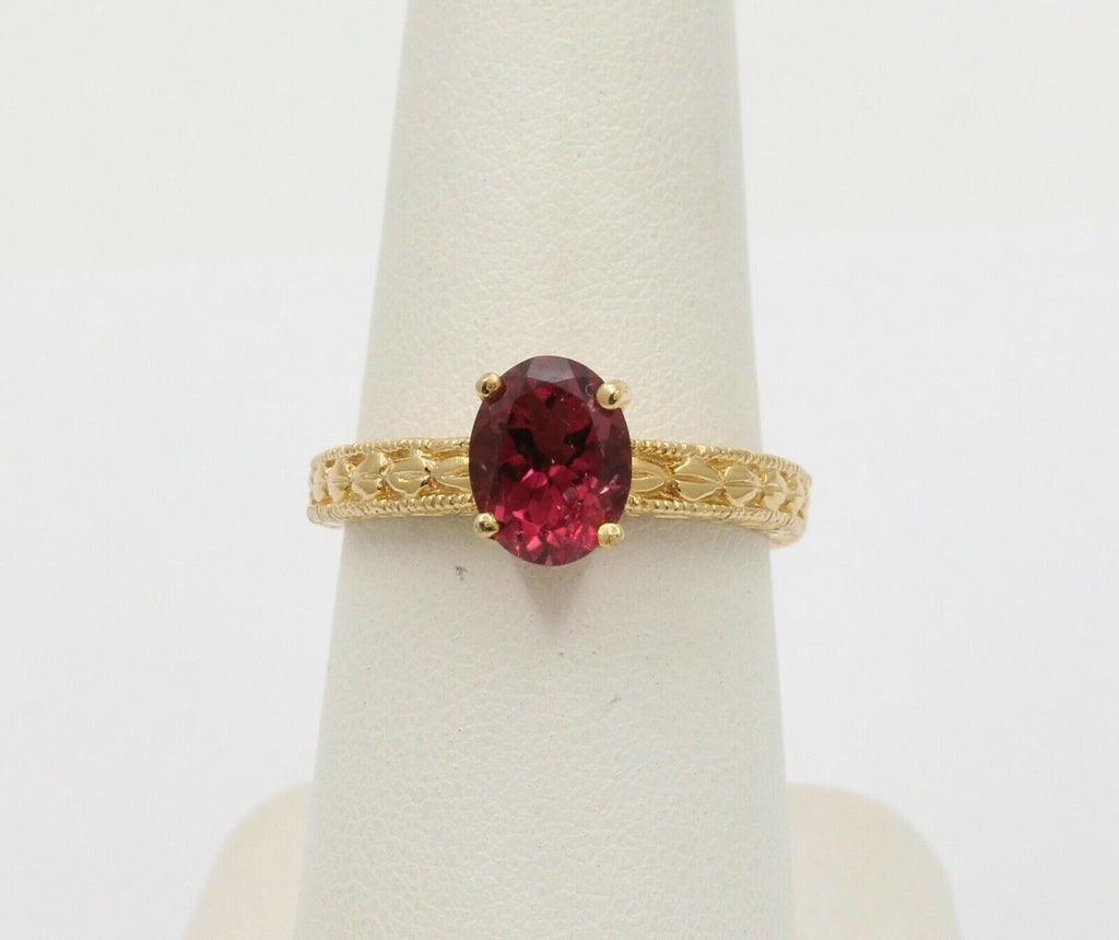 Vintage 14K Yellow Gold Rubellite Engraved Solitaire Ring