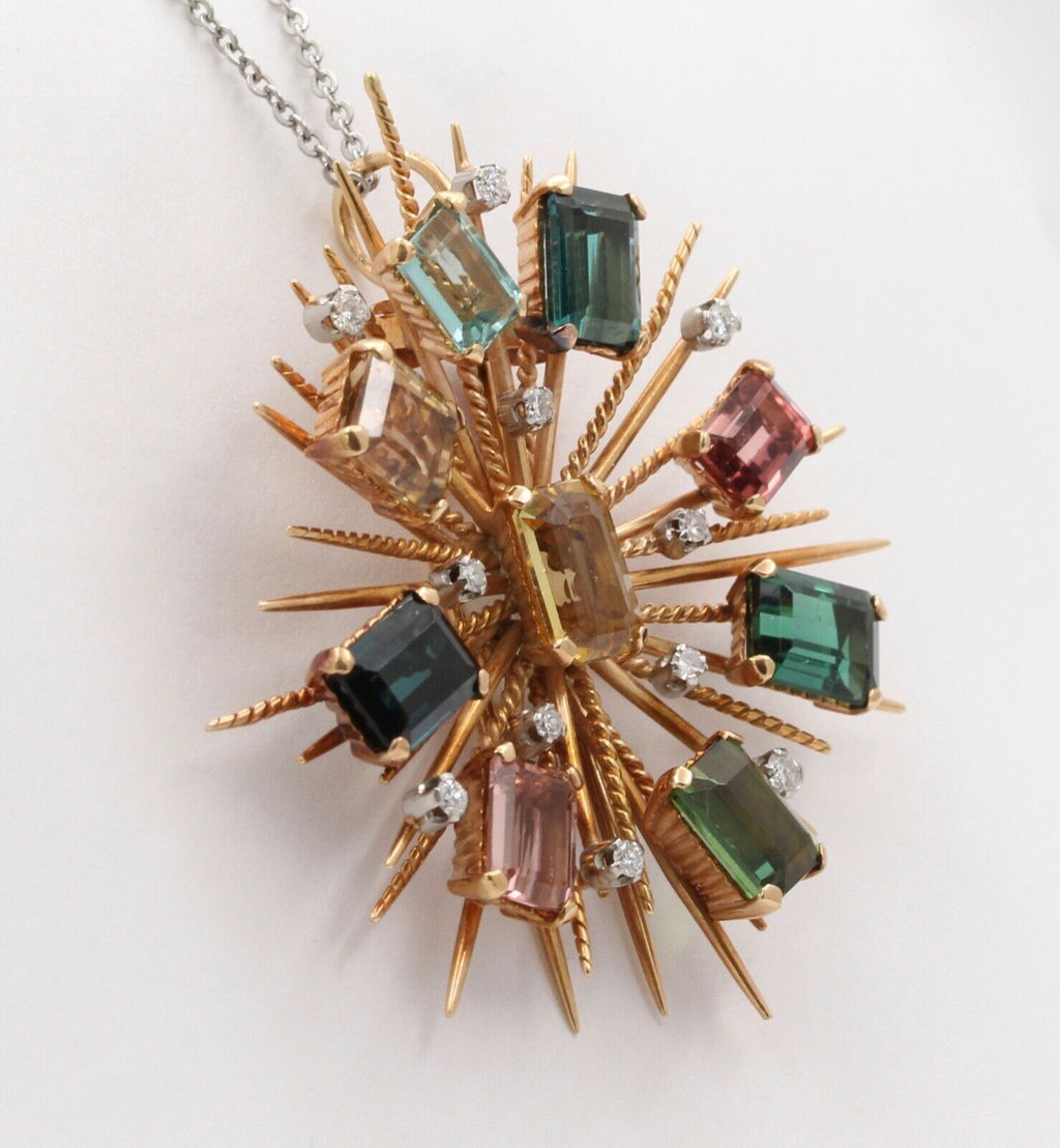 Vintage Tourmaline Citrine 14K Yellow Gold Pendant Brooch