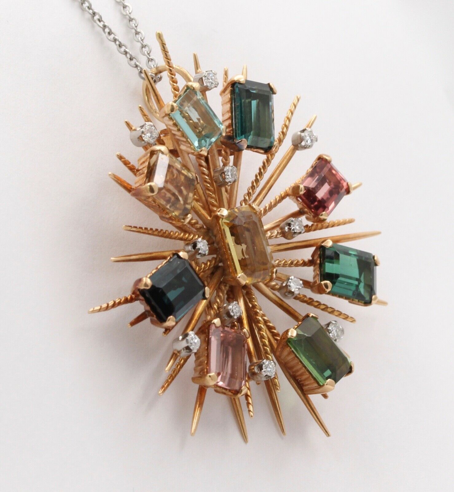 Vintage Tourmaline Citrine 14K Yellow Gold Pendant Brooch
