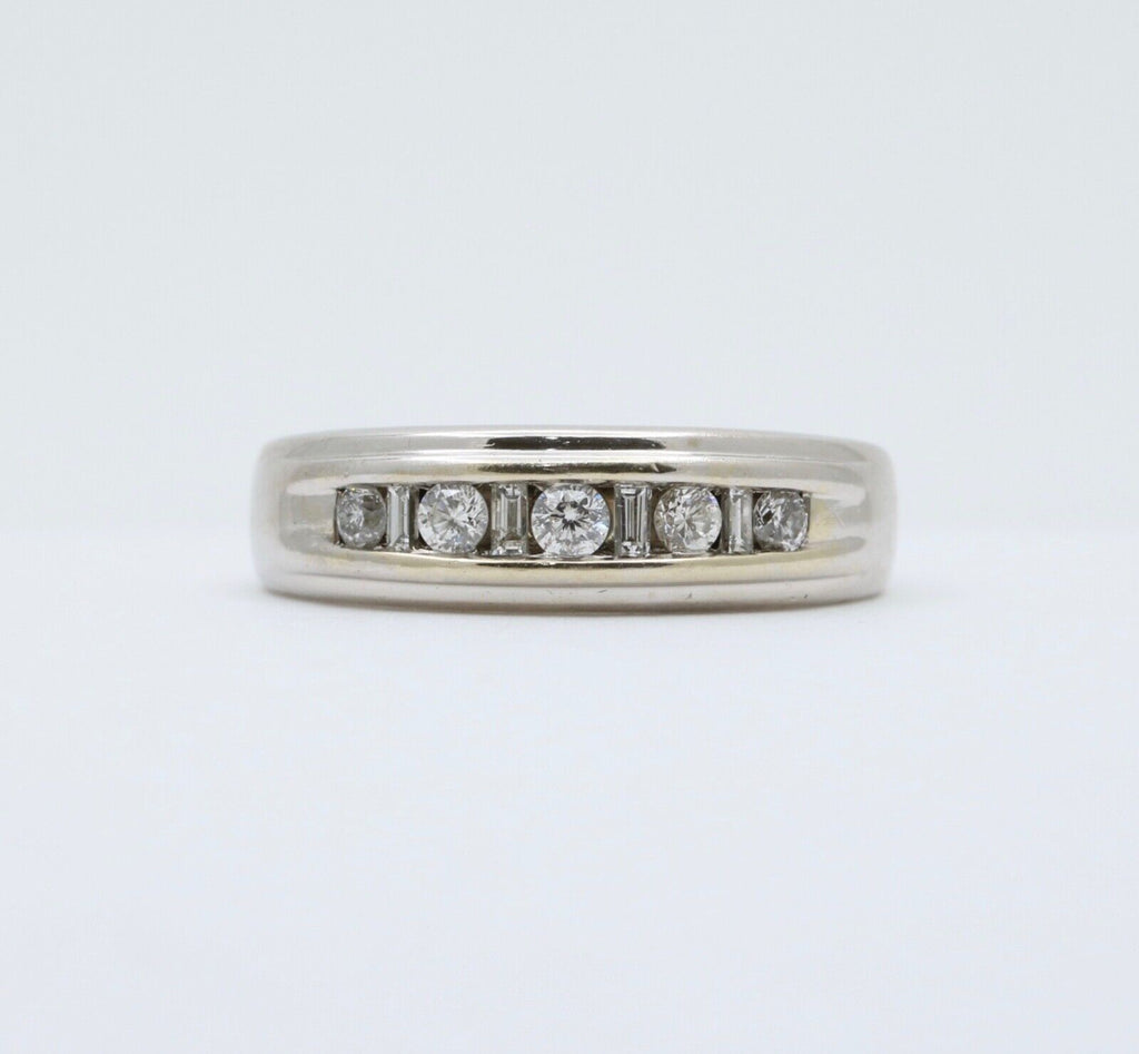Vintage Round Baguette Cut Diamond 14K White Gold Ring