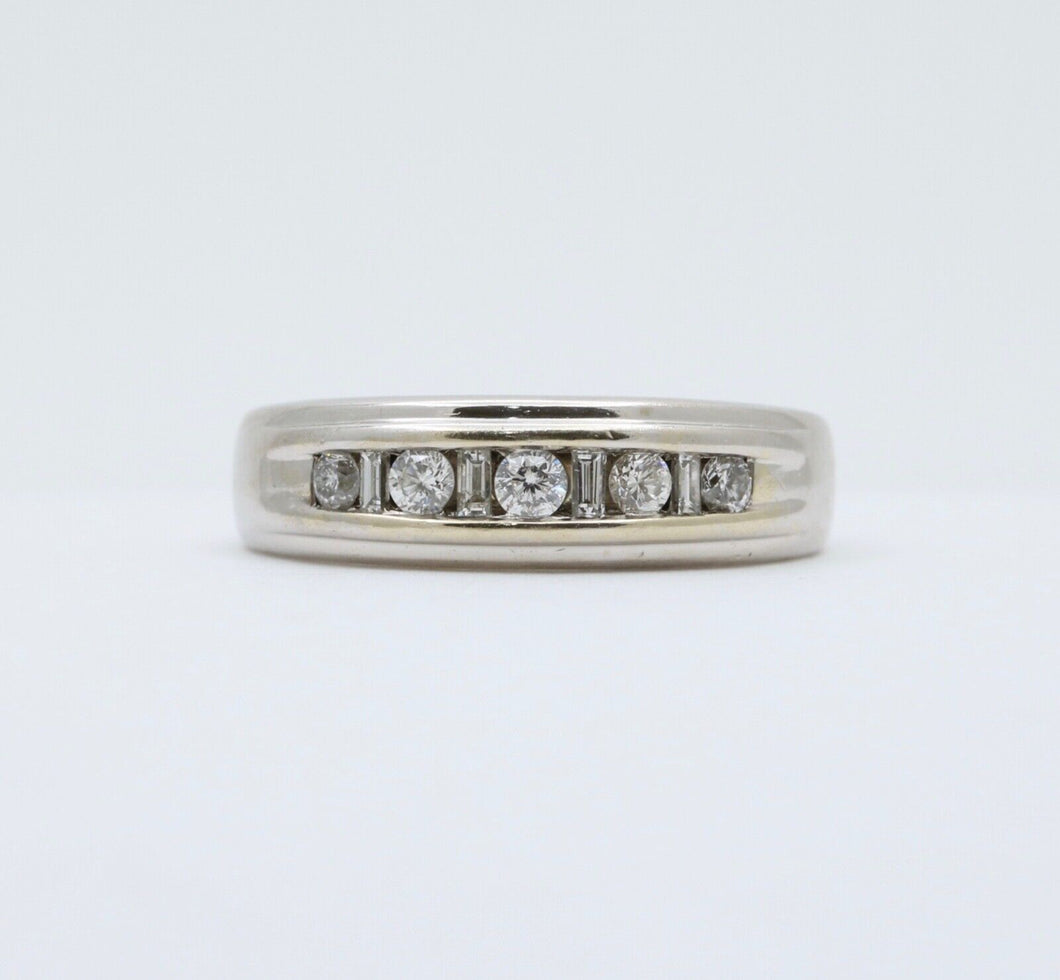 Vintage Men's Round Baguette Cut Diamond 14K White Gold Ring