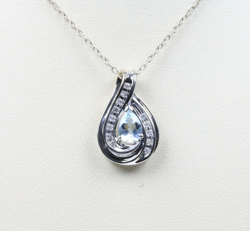 Vintage 14K White Gold Aquamarine Diamond Tear Drop Pendant