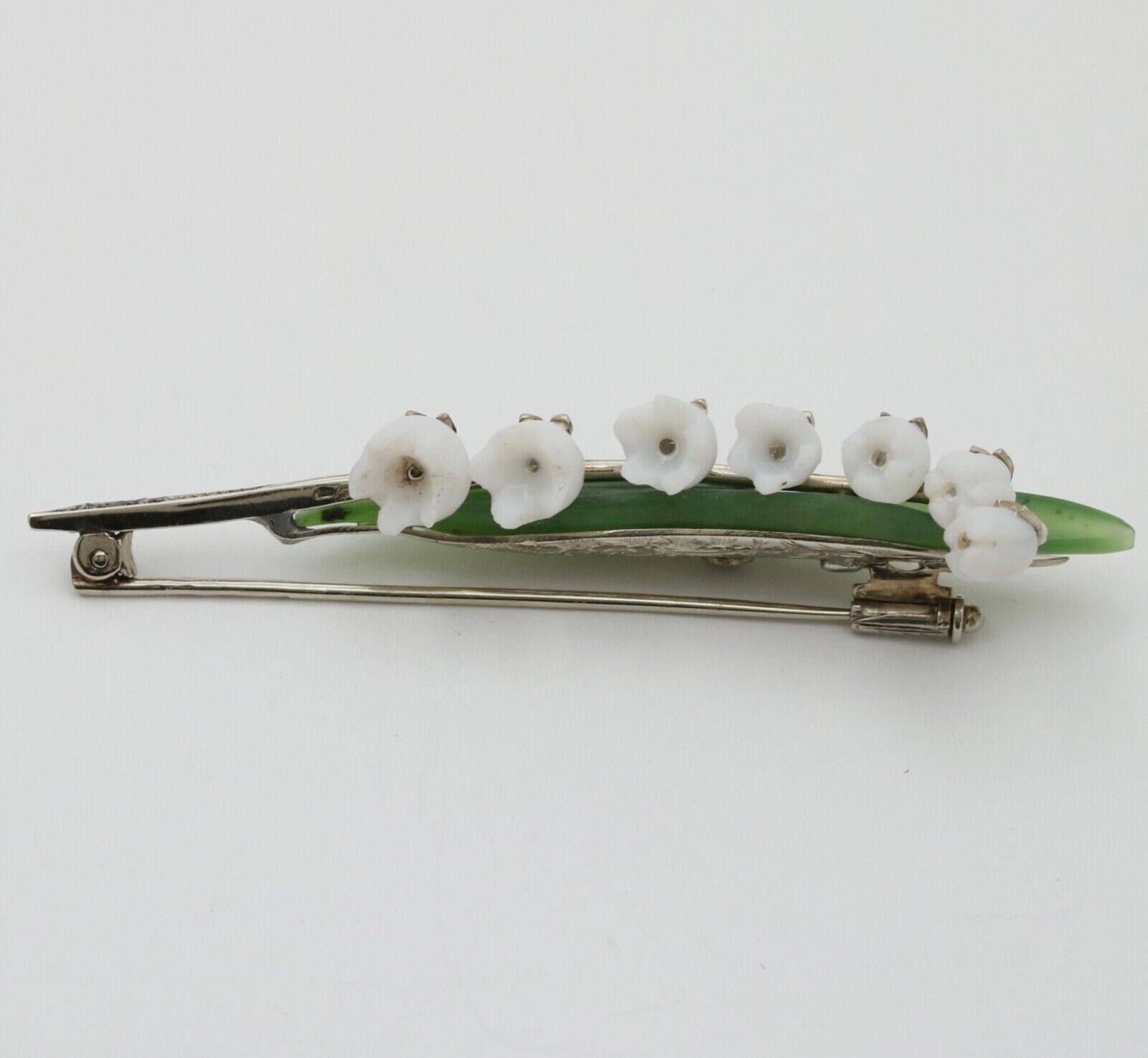 Art Deco Lily of the Valley Jade Rose Cut Diamonds 14K White Gold Brooch Pin
