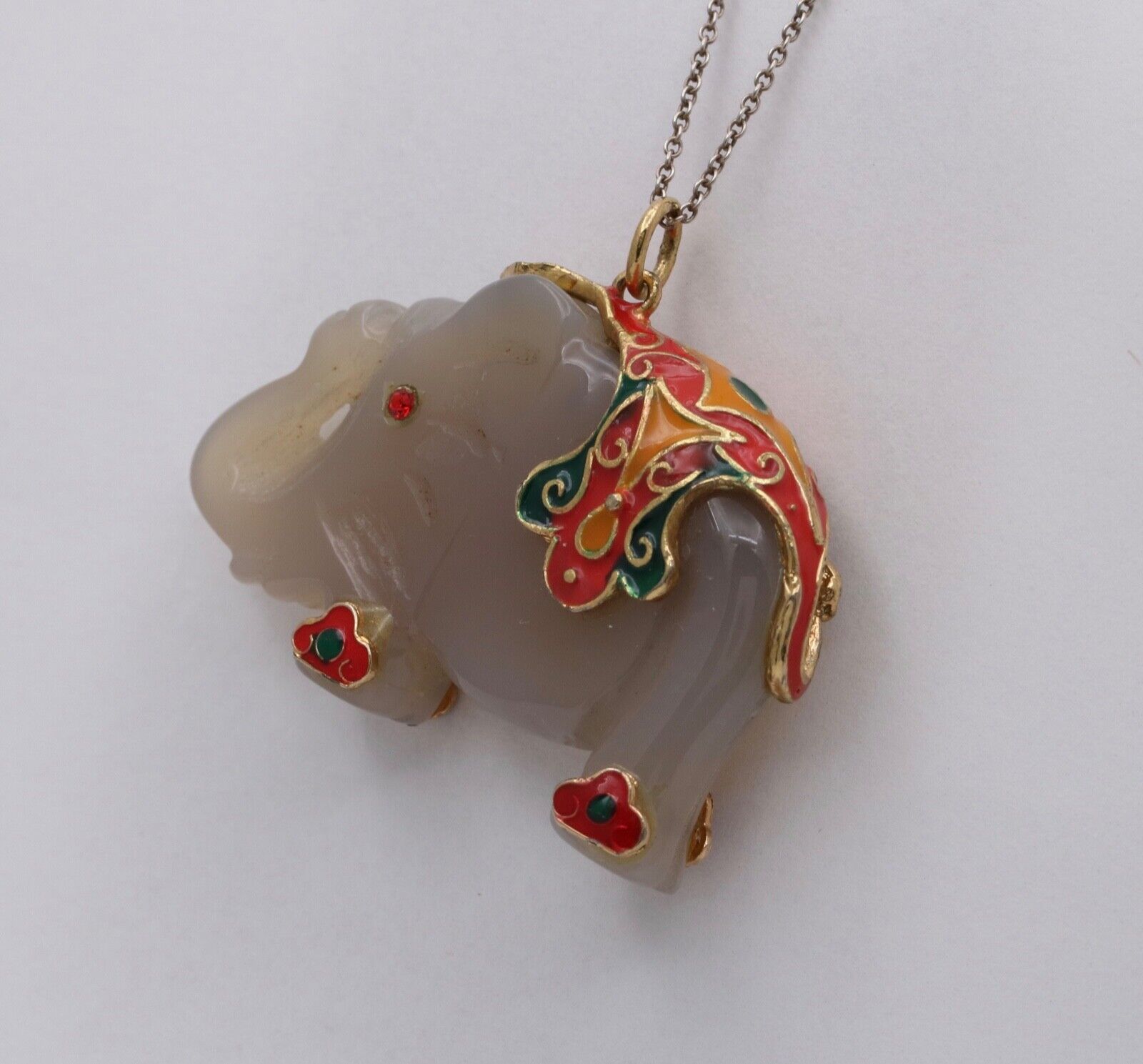 Vintage Silver Carved Nephrite Elephant Charm Pendant , Necklace