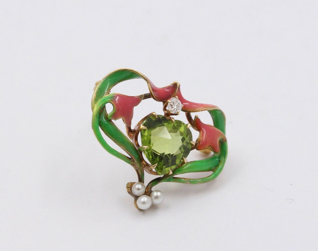Art Nouveau Peridot 18K Yellow Gold Enamel Brooch Pin