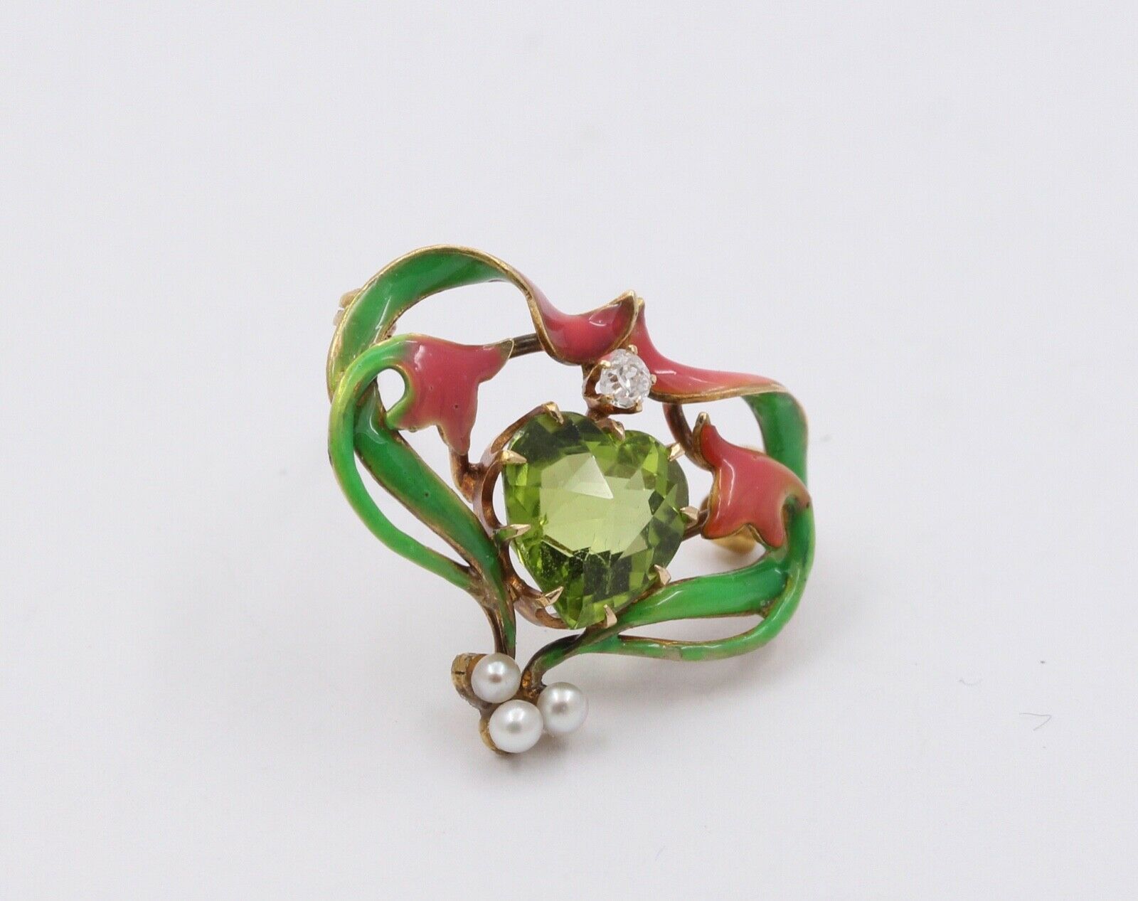 Art Nouveau Peridot 18K Yellow Gold Enamel Brooch Pin