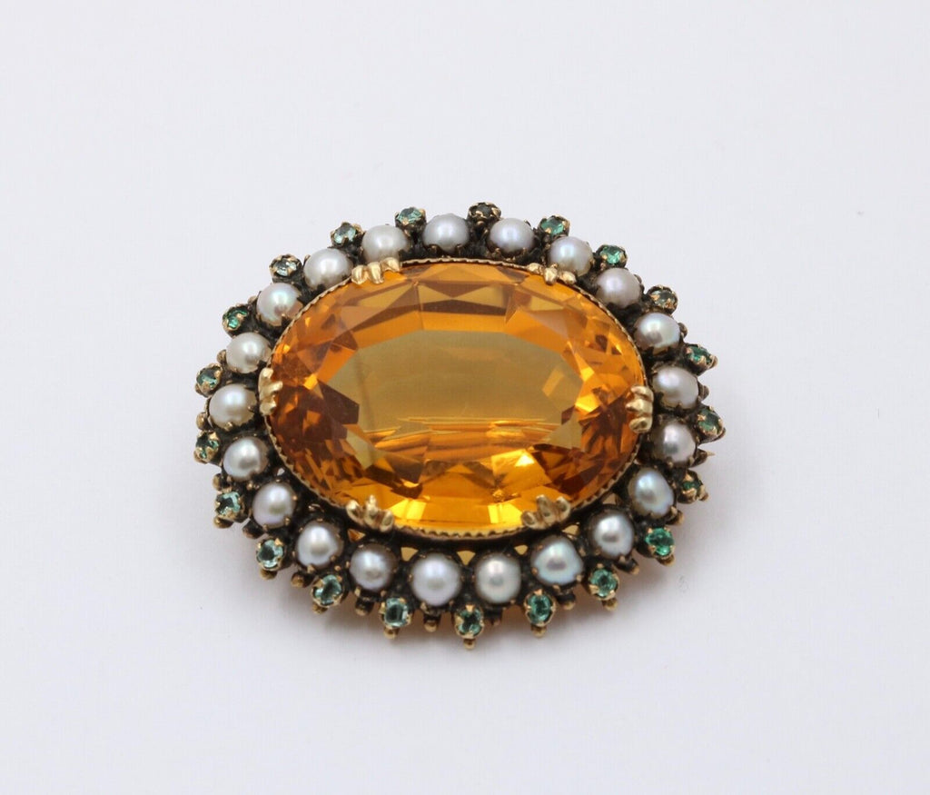 Victorian Madeira Citrine, Pearl Emerald 14K Gold Brooch, Antique Brooch.