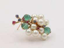 Load image into Gallery viewer, Vintage Cluster 14K YG Emeralds Sapphires Rubies Pearls Brooch Pendant
