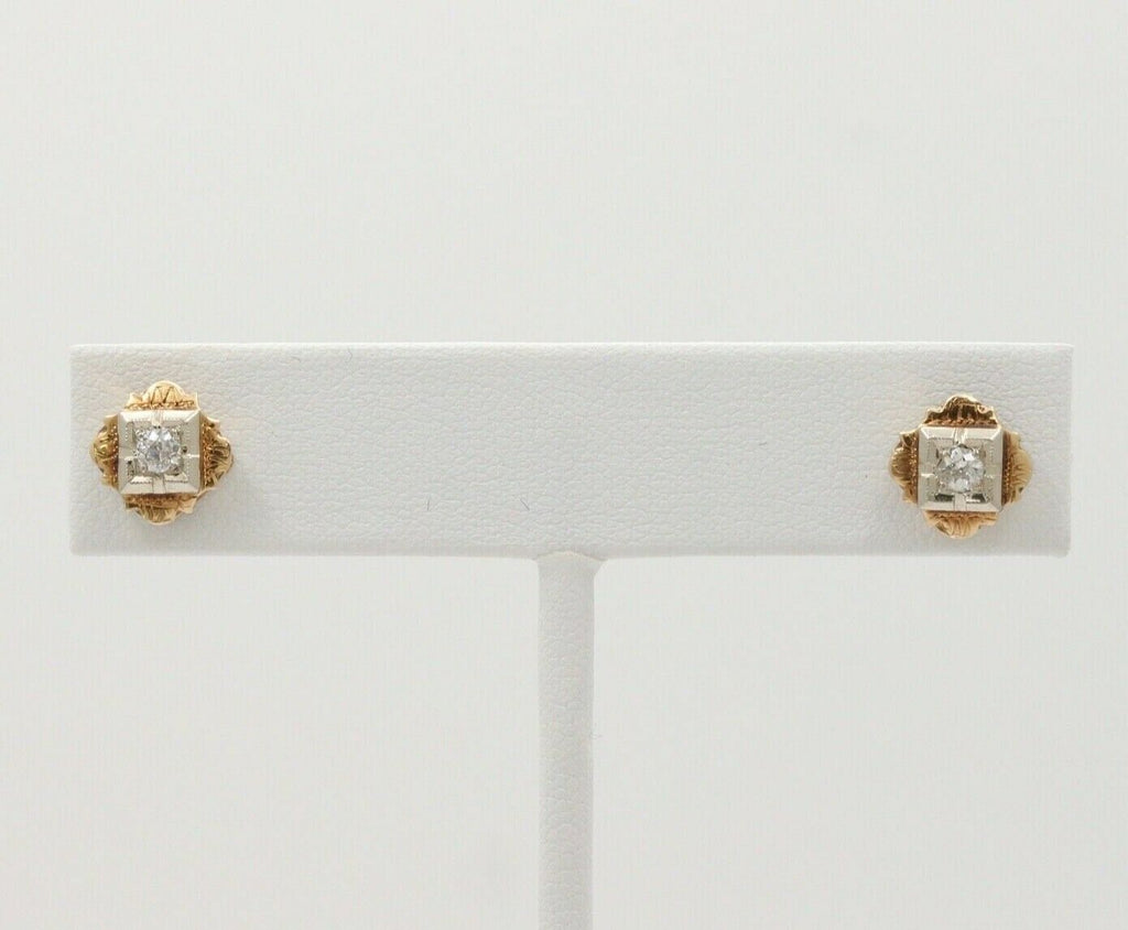 Antique Victorian 14K Yellow & White Gold Old Mine Cut Diamonds Studs Earrings