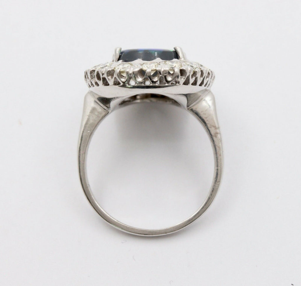 Vintage 14K White Gold Australian Black Opal Diamond Halo Setting Cocktail Ring